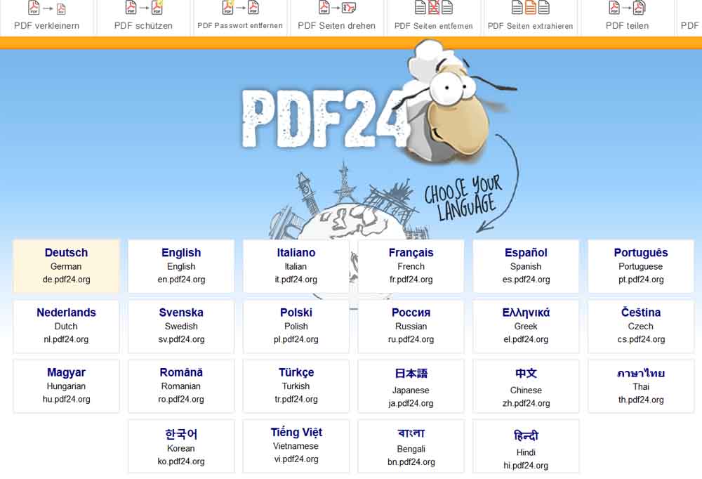 Die Startseite des PDF24-Portals. Abb.: Bildschirmfoto (hw) von pdf24.org