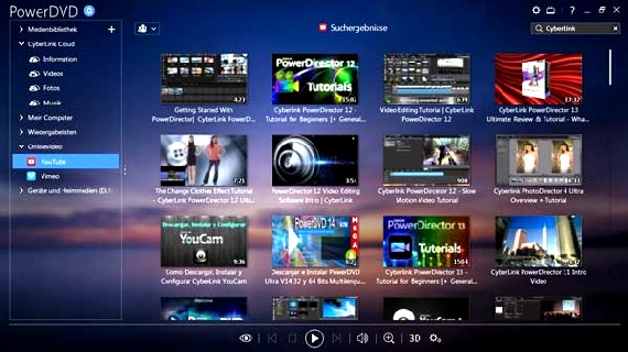 In PowerDVD kann man auch Youtube- und Vimeo-Streaming-Videos ansehen und wie in einer Bibliothek verwalten. Abb.: Cyberlink