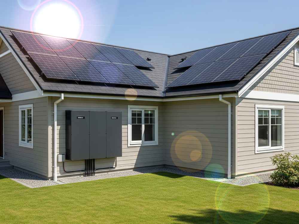 Haus mit Solaranlage und Energiespeicher. Visualisierung: Gemini, Prompt: Heiko Weckbrodt