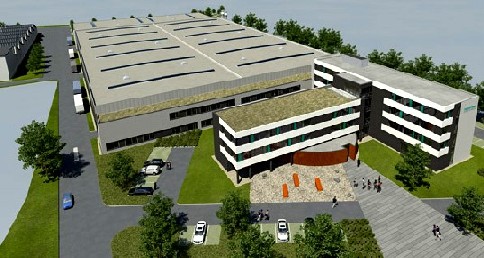 Visualisierung der geplanten Pactec-Fabrik (vorn: Breitscheider Str.). Visualisierung: Pactec