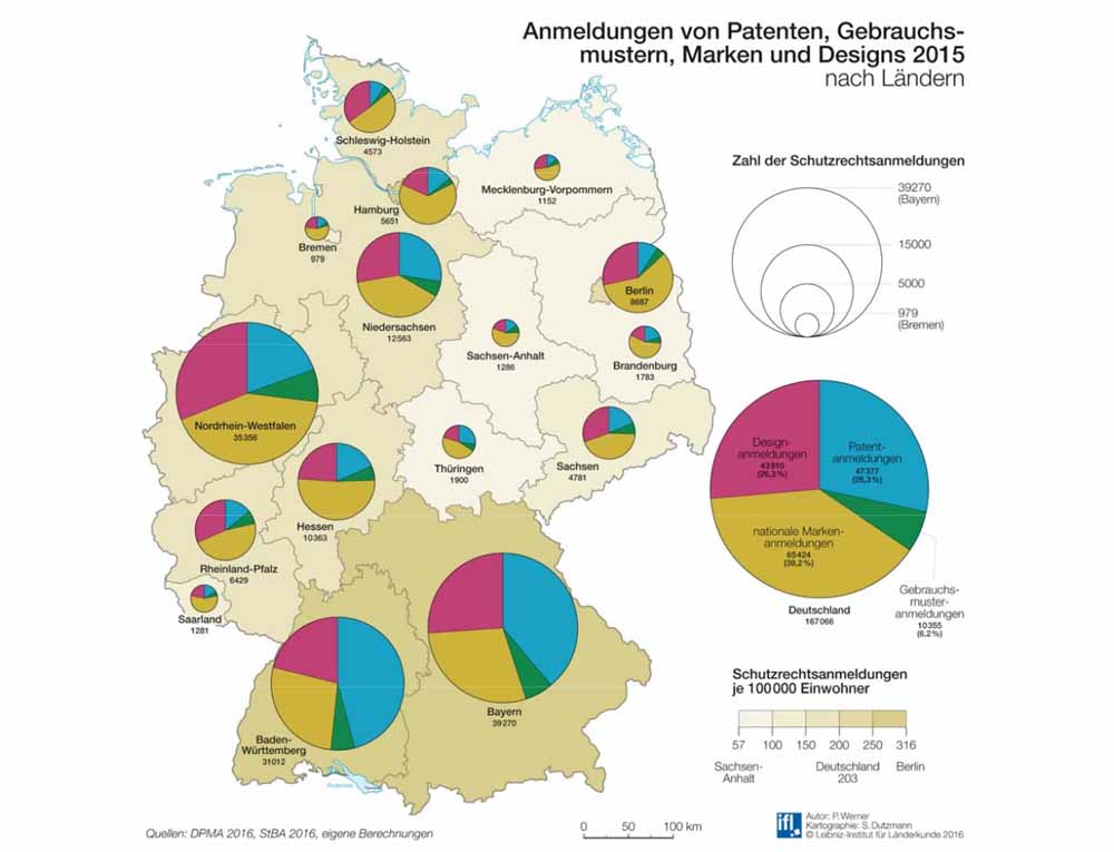 Das Patentgefälle zwischen Ost und west ist im Nationalatlas deutlich erkennbar. Abb.: IfL Leipzig