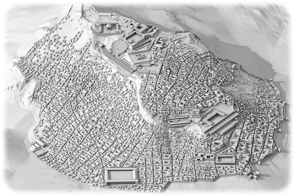 Blick auf das 3D-Modell des antiken Pergamon (um 200 n. Chr.), gewissermaßen ein Luftbild der Stadt. Visualisierung: Lehrstuhl Darstellungslehre, Prof. Dominik Lengyel, BTU Cottbus