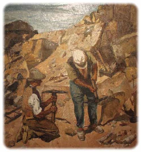 Ganz anders dieses 1951 entstandene Gemälde zweier Arbeiter an  Steinen von Theodor Rosenhauer. Repro: Peter Weckbrodt