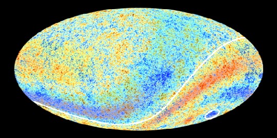 Tätä: Das Universum. Die vom Planck-Teleskop erstellte Karte visualisiert auch die energetisch kalte (blau) und hei0en (rot) Regionen des Alls. Abb.: ESA