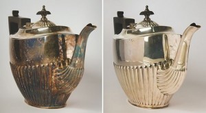 Versilberte Teekanne vor (links) und nach der Plasma-Behandlung. Abb.: Fraunhofer IST