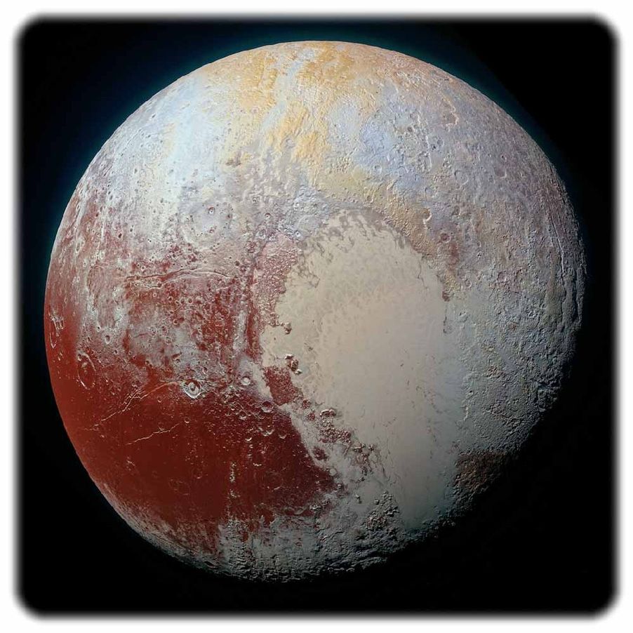 Dieses Foto des Zwergplaneten Pluto wurde aus mehreren Aufnahmen von "New Horizons" auf verschiedenen Wellenlängen zusammengesetzt. Abb.: NASA/JHUAPL/SwRI