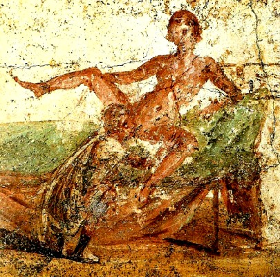 Wandmalerei aus dem antiken Pompeij: Prostitutierte boten auch in den Thermen ihre Dienste an - und zwar Praktiken, die der "ehrbaren" rämischen Gatiin als verpönt galten. Foto: Fer.filol, Wikipedia, public domain