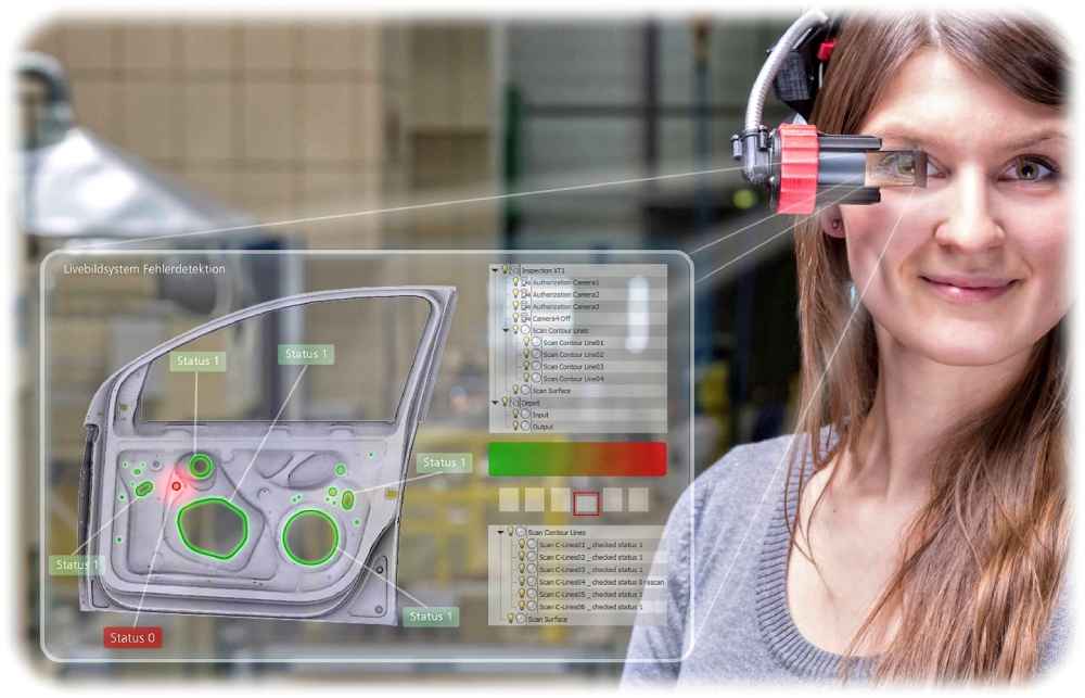 Mit AR-Datenbrillen erkennt eine Frau in einem Presswerk durch visuelle Datenanalyse mögliche Bauteilfehler – und kann eingreifen. Auch dies kann ein Baustein für ein Manufacturing-X-Netzwerk werden. Visualisierung: Fraunhofer-IWU Chemnitz