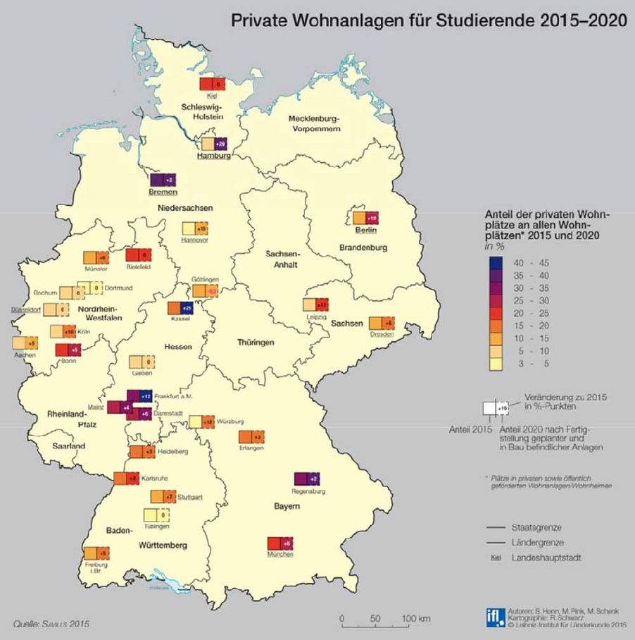 Anteil privater Wohnheime an allen Studentenwohnheimen in den großen Uni-Städten. Abb.: IfL