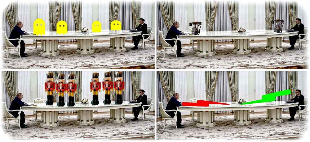 Aus dem offiziellen Kreml-Foto von einem Putin-Macron-Treffen am überlangen Tisch generierte die Internet-Gemeinde Dutzende "Memes" - hier nachgenerierte Beispiele. Originalfoto: Büro des Presidenten der Russischen Federation, Lizenz: creativecommons.org/licenses/by/4.0/, Variationen: hw