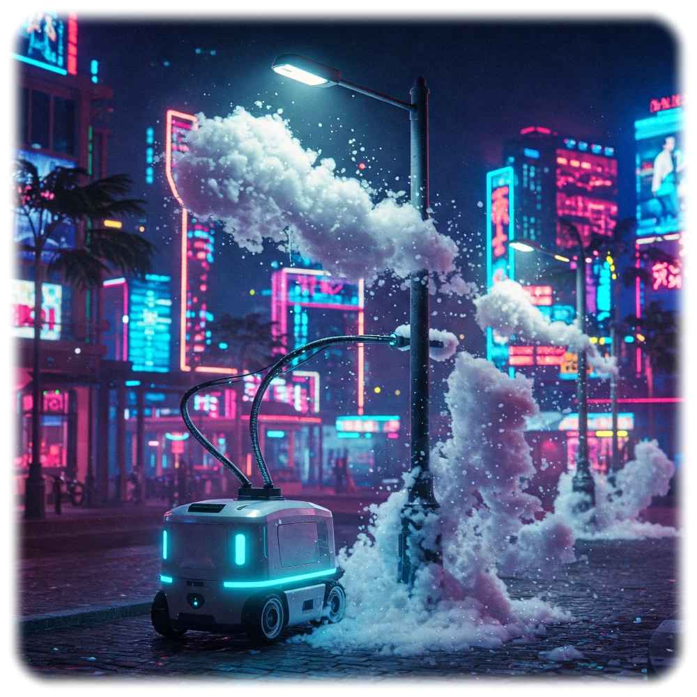 Schwärmen künftig solche autonomen elektrischen Putzroboter durch die Städte, um sie sauber zu machen? Visualisierung: Gemini, Prompt: Heiko Weckbrodt