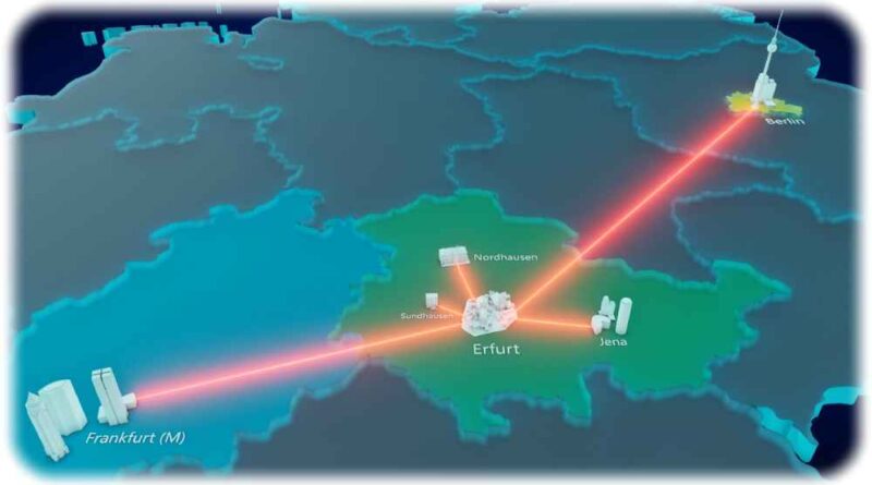 Die Quantenteststrecke verläuft von Berlin über Erfurt, Sundhausen und Nordhausen zum deutschen Internetkonoten in Frankfurt am Main. Grafik: Fraunhofer-IOF