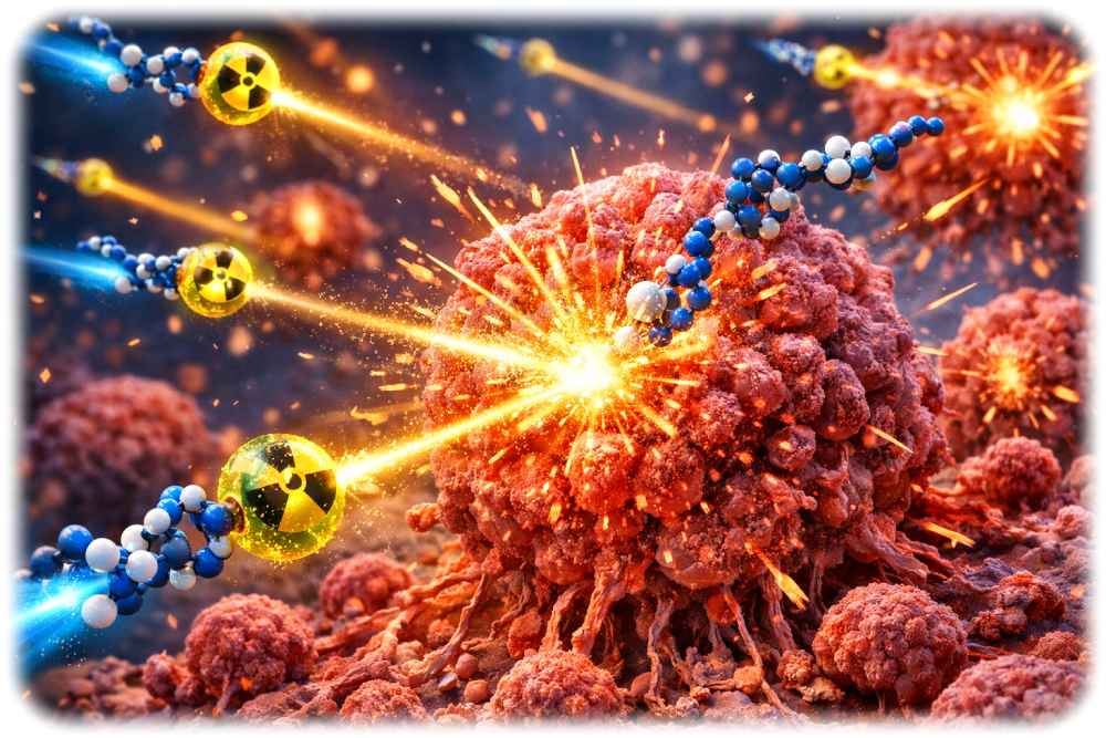 Radioliganden sind Zielsuch-Moleküle, die sich - je nach Programmierung - zum Beispiel an Krebszellen anheften und dort dann ihre radioaktive Fracht freisetzen. Dadurch zerstören sie vergleichsweise genau die Metastasen, während das gesunde Gewebe ringsum geschont wird. Visualisierung: KI ChatGPT, Prompt: Heiko Weckbrodt