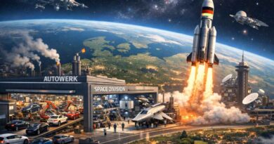 Liegt die Zukunft unausgelasteter Auto- und Zulieferfabriken in der kommerziellen Raumfahrt-Produktion? Visualisierung: KI ChatGPT, Prompt: Heiko Weckbrodt