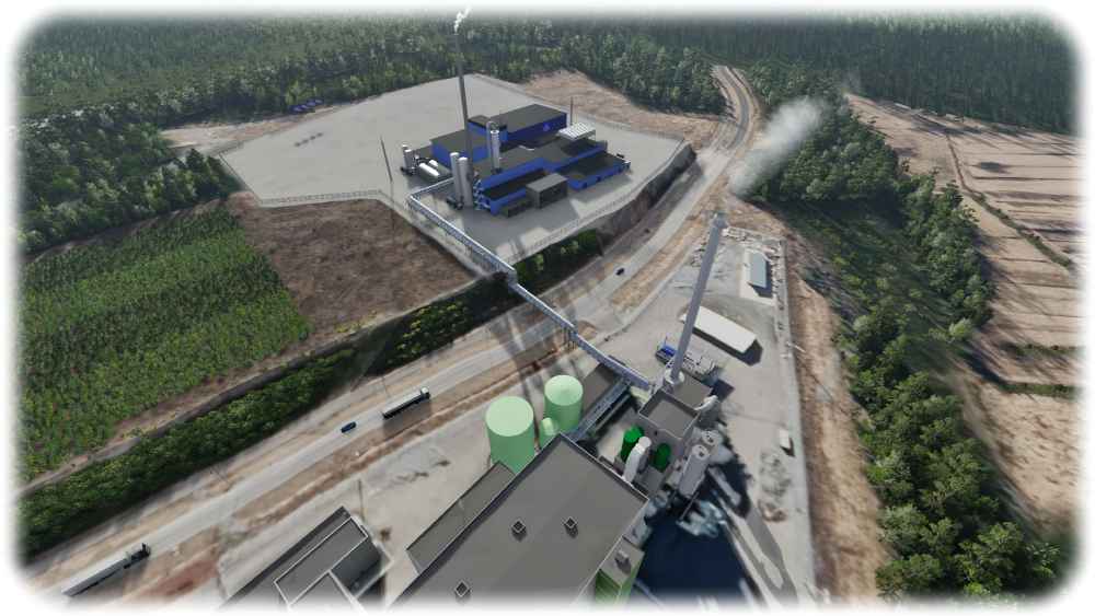 So etwa soll die Anlage aussehen, mit der Ren-Gas in Tampere das E-Methan für Laster und Schiffe herstellen will. Den Wasserstoff liefert der Sunfire-Elektrolysator, das CO2 ziehen die Finnen aus dem Rauchgas einer Müllverbrennungsanlage. Visualisierung: Ren-Gas