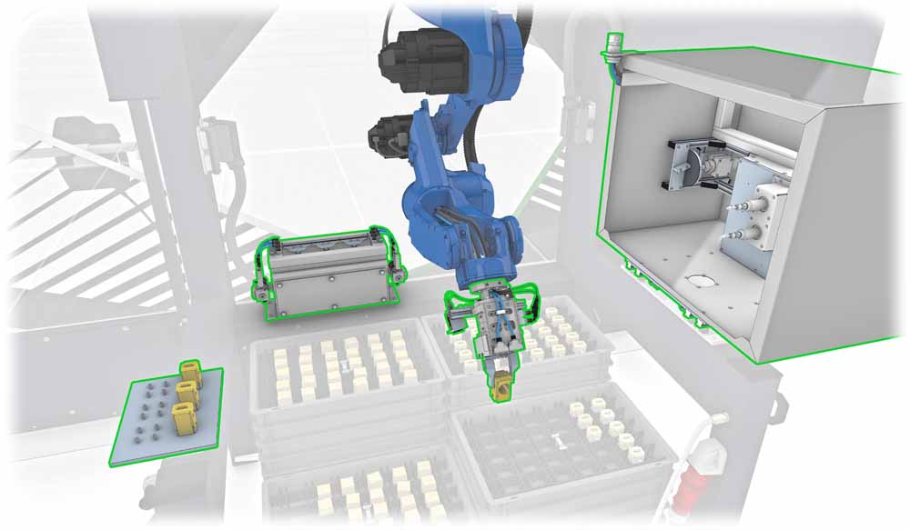 So stellen sich die Ingenieure den Einsatz des "Robo Operators" an einer Werkzeugmaschine vor. Visualisierung: IP Coswig