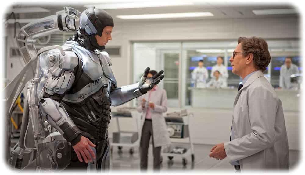 Wo endet der Mensch, wo beginnt die Maschine? Szenenfoto aus der Neuverfilmung des Cyborg-Thrillers "Robocop". Abb.: MGM