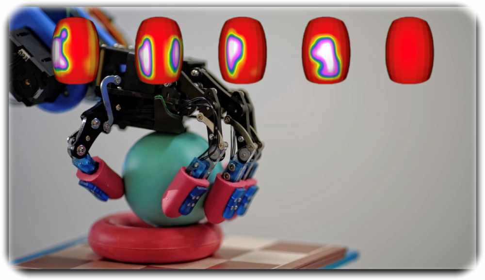 Die Roboterhaut von Bebop ist hier rot und überzieht die "Fingerspitzen" der Roboterhand. Die virtuellen Fingerspitzen oben im Bild visualisieren das taktile "Gefühl" des Roboters, wenn er eine Kugel oder einen Apfel greift. Abb.: Bebop Sensors