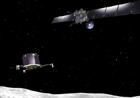 Die künstlerische Visualisierung zeigt, wie Rosetta im November 2014 das Landemodul Philae auf dem Kometen "67P/ Churyumov–Gerasimenko" absetzen soll. Visualisierung: ESA, J. Huart