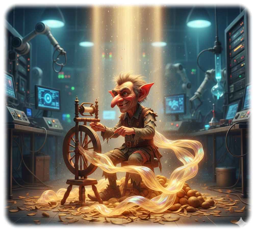 Rumpelstilzchen lässt grüßen: Aus Stroh, Kartoffelschalen und anderem Bioabfall will das Biowin-Kollektiv in Freiberg hochwertige Membranen, Schutzschichten und andere Nanofaser-Materialien gewinnen. Visualisierung: KI Gemini, Prompt: Heiko Weckbrodt