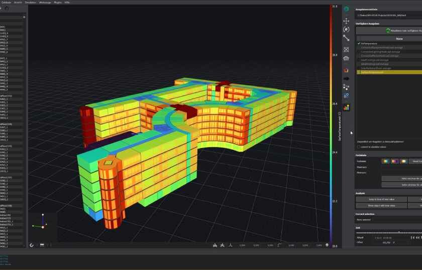 Das Bildschirmfoto zeigt die 3D-Ansicht von Gebäuden in der "SIM-VICUS"-Software. Bildschirmfoto: SIM-VICUS