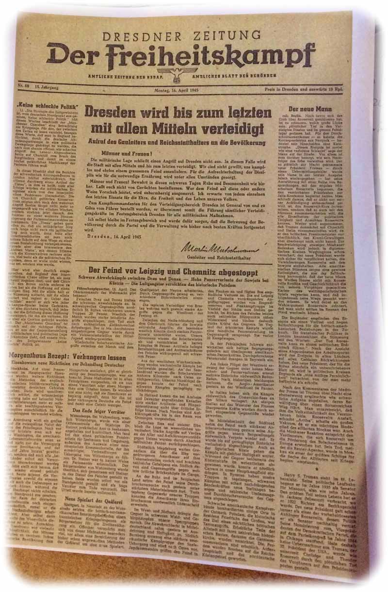 Die NS-Zeitung "Der Freiheitszeitung" wurde vom August 1930 bis zum 8. Mai 1945 von verschiedenen NSDAP-Vertretern in Dresden herausgegeben. Repro: hw