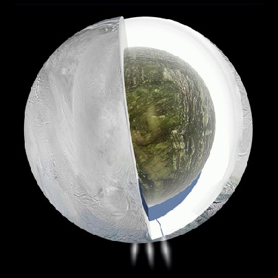 So etwa könnte das Innere des Saturn-Mondes "Enceladus" mit seinem Ozean unter der Eiskruste aussehen. Visualisierung: NASA/JPL-Caltech
