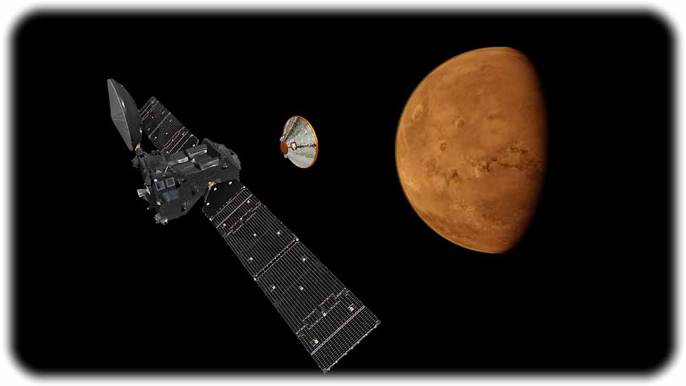 Die Visualisierung zeigt, wie sich im kommenden Jahr das Schiaparelli-Modul beim Anflug auf dem Mars von dem Spurengas-Orbiter trennen wird. Visualisierung: ESA/ATG medialab