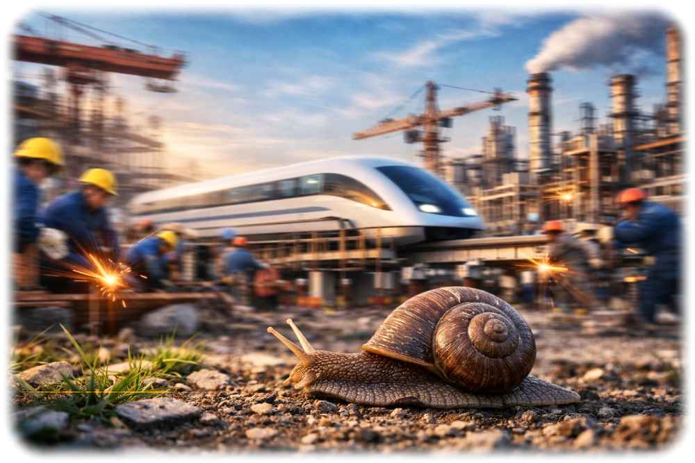 Einst galt Deutschland als Innovator und Exportweltmeister, erfand das Auto, den Transrapid und Aspirin. Heute kriecht die deutsche Wirtschaft (BIP-Wachstum 2025. +0,1 %) im Vergleich zu China (BIP-Wachstum 2025. +5 %) nur noch wie eine Schnecke, hat an Innovationskraft und Wettbewerbsfähigkeit verloren. Auch in Sachsen ist die Langzeitkrise unübersehbar geworden. Visualisierung: Ki Dall-E/ChatGPT, Prompt: Heiko Weckbrodt