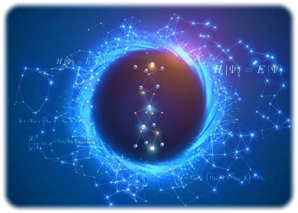 Die künstlerische Darstellung soll veranschaulichen, dass mathematische Modelle aus der Relativitätstheorie, die Raum-Zeit-Krümmungen um ein "Schwarzes Loch" beschreiben, auch zur Raummanipulation in Quantenmateralien einsetzbar sind. Daraus könnten sich Werkstoffe für die Computerchips und Sensoren von morgen und übermorgen ergeben. Grafik: pixelwg/Jörg Bandmann