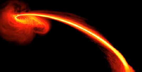 Die Computervisualisierung zeigt, wie das Schwarze Loch (l.) den Roten Riesen langsam verschlingt. Abb.: Nasa