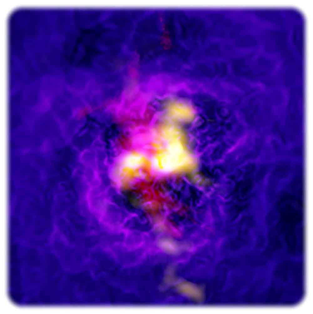 Kompositionsbild von Abell 2597, zusammengesetzt aus Aufnahmen der Teleskope ALMA (gelb), Chandra (violett und MUSE (rot). Bildmaterial: Röntgen: NASA/CXC/SAO/G. Tremblay et al; Radiowellen: ALMA: ESO/NAOJ/NRAO/G.Tremblay et al, NRAO/AUI/NSF/B.Saxton; Optische Aufnahmen: ESO/VLT