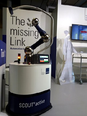 Der Ortner-Roboter "Scout aktive" zeigt derzeit auf der "Semicon Europe", wie selbstständig er sich im Raum orientieren kann. Foto: hw