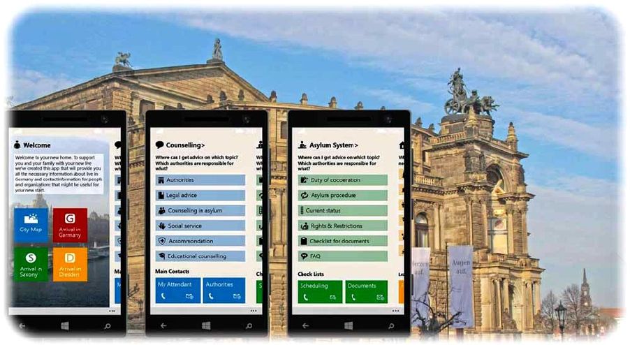 Saxonia Systems und HeiRes haben eine Welcome-App für Flüchtlinge in Dresden entwicklelt. Das Willkommens-Programm ist bereits für Windows-Smartphones verfügbar, Versionen für Android und Apple sollen folgen. Fotos: hw, Saxonia Systems, HeiRes, Montage. hw
