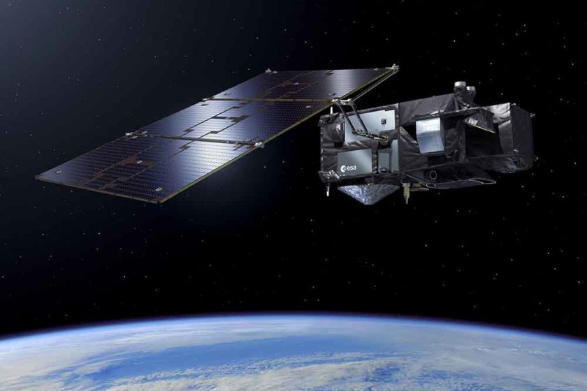 Navigationsempfänger von RUAG Space bestimmen die Position von Sentinel-Satelliten (hier in der Visualisierung der Sentinel 3) des europäischen Erdbeobachtungprogramms. Visualisierung: ESA, Pierre Carril.