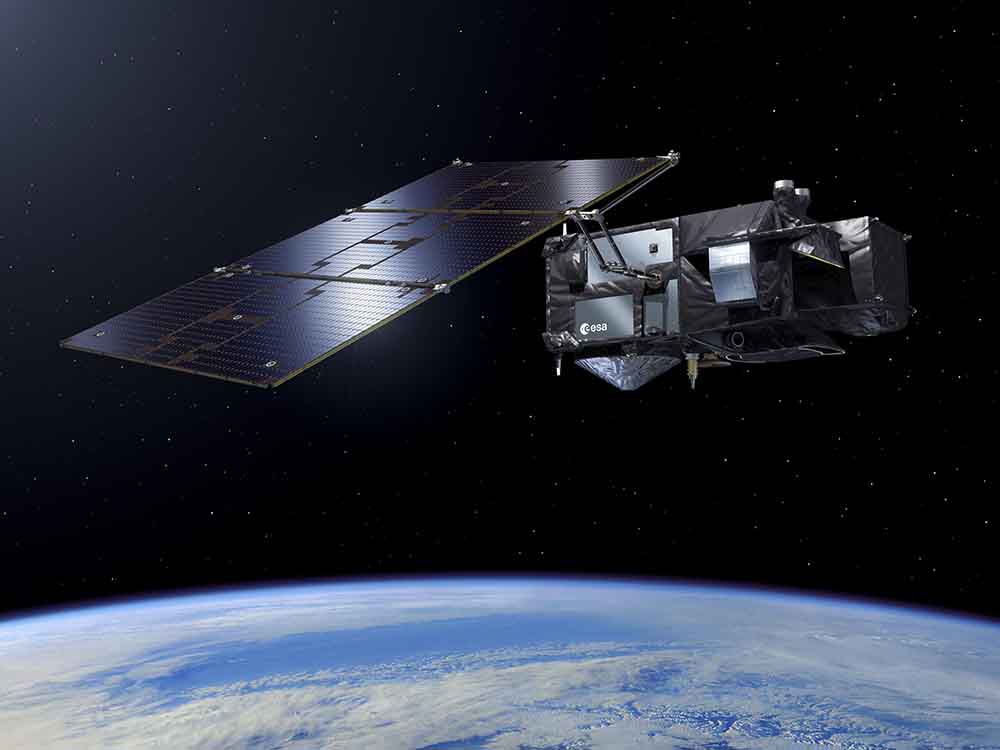 Navigationsempfänger von RUAG Space bestimmen die Position von Sentinel-Satelliten (hier in der Visualisierung der Sentinel 3) des europäischen Erdbeobachtungprogramms. Visualisierung: ESA, Pierre Carril.
