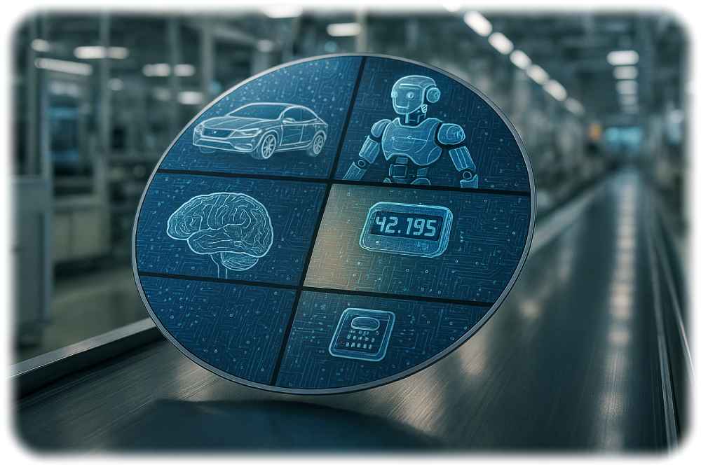 Auf "Shuttle"- bzw. "Projekte"-Wafern teilen sich mehrere Startups, Mittelständler, Forschungsinstitute oder andere kleine Auftraggeber mit ihren Chips in jeweils eine große Siliziumscheibe hinein. Für Globalfoundries Dresden gehört auch dies zu Geschäftsmodell - und auch TSMC plant solch eine Sparte in seiner Dresdner Fab. Visualisierung: KI Gemini, Prompt: Heiko Weckbrodt