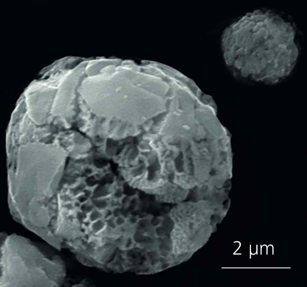 Nanoporöse Silizium-Teilchen mit nur wenigen Mikrometer Durchmesser sollen dafür sorgen, dass künftige Lithium-Akkus mehr Energie speichern können. Mikroskopfoto: Fraunhofer-Ifam Dresden