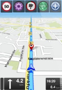 Auch die Oberfläche seiner Navi-App hat Skobbler leicht verbessert - hier eine Anzeige mit Blitzerwarner. Abb.: Skobbler