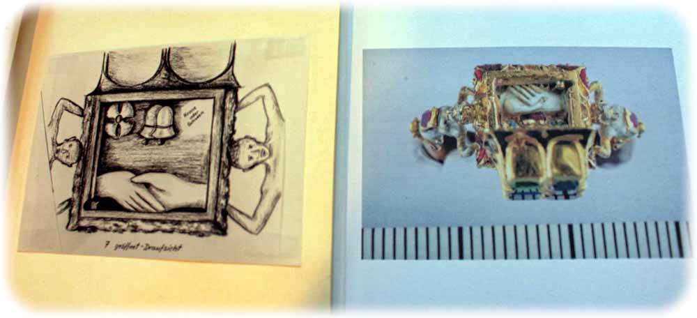Zu den Kleinoidien gehörten auch kunstvolle Ringe udn Anhänger zum Aufklappen. Links ist die Zeichnung von 1977 nach dem Diebstahl zu sehen, rechts das Foto vom gleichen Stück, das 1999 in oslo auftauchte. Repro: Heiko Weckbrodt