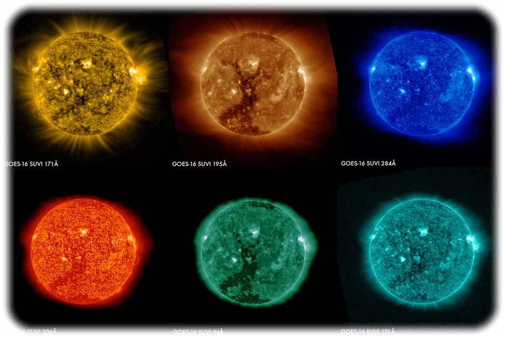 Diese Aufnahmen von der Sonne hat Satellit GOES-16 in verschiedenen Bereichen des Ultraviolett-Spektrums aufgenommen und in verschiedene Farben übersetzt. So können "Weltraum-Meteorologen" auch in tiefere Schichten der Sonne hineinschauen und absehen, wenn sich ein Sonnensturm zusammenbraut. Abb.: NOAA, NASA