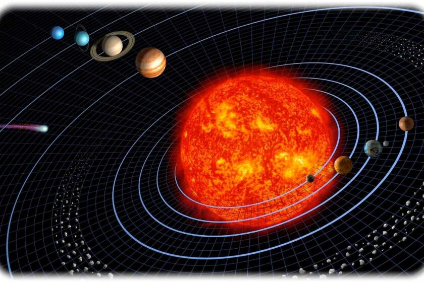 Diese - nicht maßstabsgetreue - Visualisierung zeigt unser Sonnensystem. Vorne rechts (von der Sonne nach außen): Merkur, Venus, Erde und Mars, danach der Asteroidengürtel. Links oben dann Jupiter, Saturn, Uranus und Neptun. Visualisierung: Harman Smith und Laura Generosa, Nasa