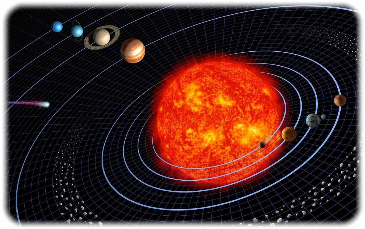 Diese - nicht maßstabsgetreue - Visualisierung zeigt unser Sonnensystem. Vorne rechts (von der Sonne nach außen): Merkur, Venus, Erde und Mars, danach der Asteroidengürtel. Links oben dann Jupiter, Saturn, Uranus und Neptun. Da der Pluto nicht mehr als Planet gezählt wird, ist er auch hier nicht mit zu sehen. Visualisierung: Harman Smith und Laura Generosa, Nasa, in: Wikimedia (https://commons.wikimedia.org/wiki/File:Solar_sys8.jpg), Gemeinfrei (https://creativecommons.org/publicdomain/zero/1.0/deed.de)