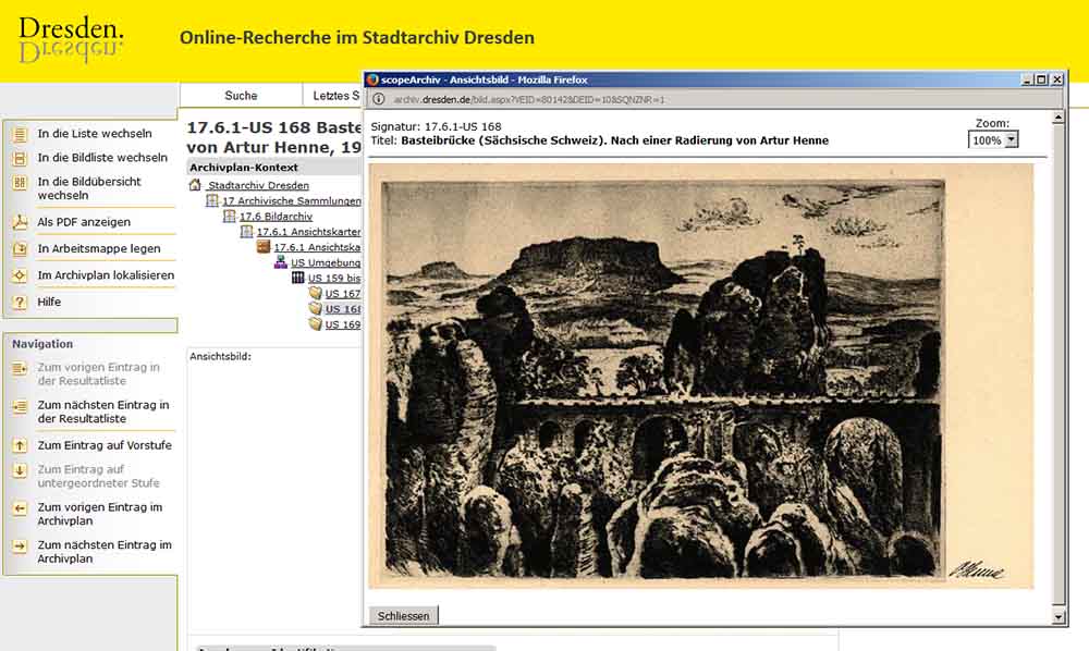 Das Bildschirmfoto zeigt das Suchportal des Stadtarchivs Dresden. Hier zu sehen ist die Basteibrüce in der Sächsischen Schweiz in einer digitalisierten Ansicht von einer Postkarte, die wiederum auf einer um 1930 entstandenen Radierung von Artur Henne basiert. Gewissermaßen handelt es sich hier also um die Kopie der Kopie. Screenshot: hw