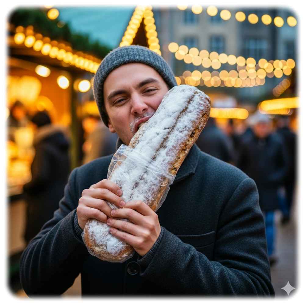 Das Umweltbundesamt sieht die ernsthafte Gefahr, dass Striezelmarkt-Besucher komplette Stollen auf die Faust nehmen und sie wie eine Bockwurst unterwegs essen - und dann natürlich die Folien auf den Boden schmeißen. Die Einstufung des Traditionsgebäcks als Schnellimbiss empört Bäcker und Politiker vor allem in Sachsen und Thüringen. Visualisierung: KI Gemini, Prompt: Heiko Weckbrodt
