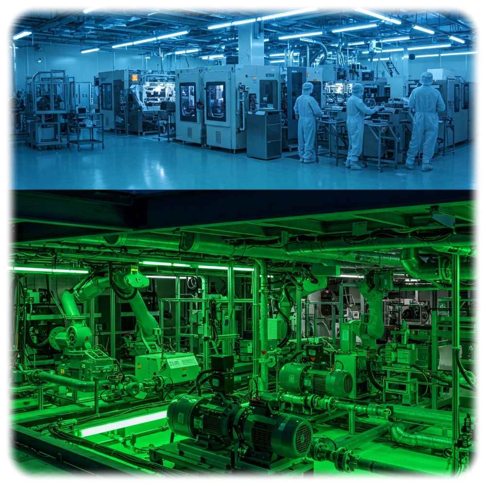 Nur wenige Menschen bekommen sie je zu sehen: Die Subfabs der Chipfabriken versorgen die Produktions-Reinräume mit Strom, Gasen, Reinstwasser und anderen Ressourcen - und entsorgen die Abfälle zum Schluss. Visualisierung: Gemini., Prompt: hw