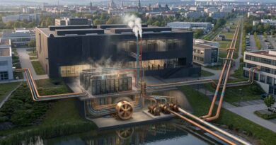 Ein ausgeklügelte Warmwasser-System kühlt die Supercomputer im Lehmann-Zentrum Dresden - und heizt nebenbei die Nachbarinstitutem, aber auch Wohnungen in der Stadt. Und weil der Komplex noch wächst, ist künftig mit zusätzlichen Ökowärme-Lösungen zu rechnen. Visualisierung: KI Gemini, Prompt und Basisfoto: Heiko Weckbrodt