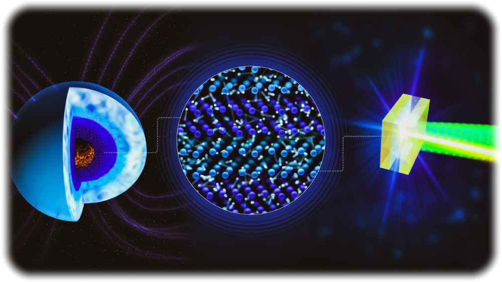In superionischem Wasser bilden die Sauerstoff-Atome ein festes Kristallgitter, in dem sich Wasserstoff-Ionen frei bewegen. Mit Hilfe starker Laser konnten Forscher diesen extremen Zustand, der sonst nur im Inneren von großen Planeten vorkommt, experimentell vermessen. Grafik: Greg Stewart / SLAC National Accelerator Laboratory