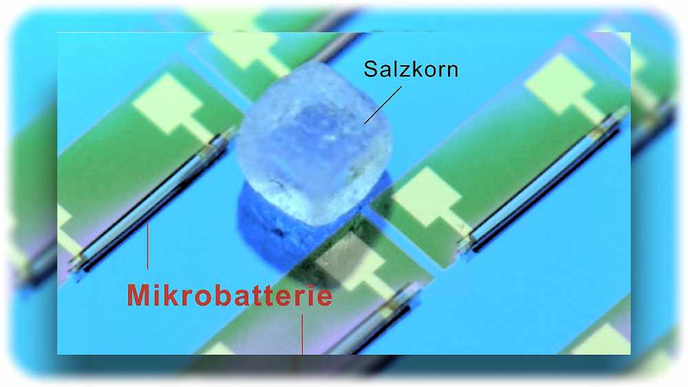 Die kleinste Batterie der Welt ist kleiner als ein Salzkorn und kann in großen Stückzahlen auf einer Wafer-Oberfläche hergestellt werden. Darstellung: TU Chemnitz/Leibniz IFW Dresden