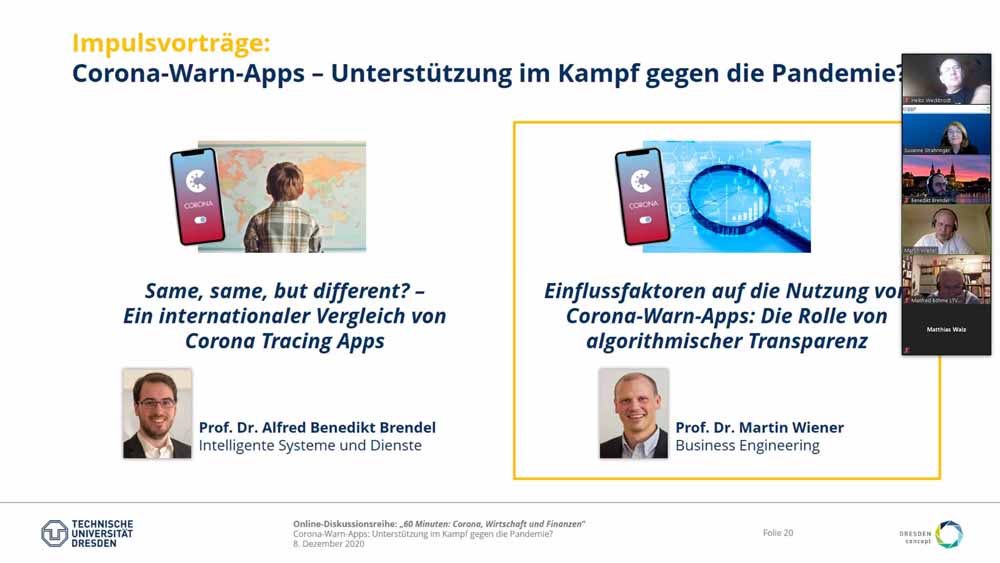 Internet-Diskussionsrunde der TU Dresden zum Thema Corona-App. Bildschirmfoto: Heiko Weckbrodt